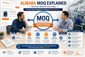 Infographic showing Alibaba MOQ negotiation strategies explaining benefits for small businesses and suppliers, with actionable compromise solutions.