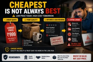 A detailed graphic explaining the drawbacks of choosing cheap options over quality, showing poor-quality products, refund issues, and associated losses.