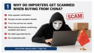 Graphic highlighting common mistakes importers make when sourcing from China, with a hooded figure at a laptop and a small Chinese flag.