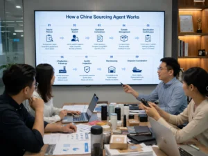 Four professionals sitting at a table reviewing a presentation on a screen titled 'How a China Sourcing Agent Works,' showing a workflow for the sourcing process.