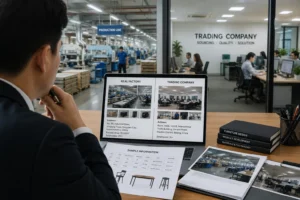 A businessman reviewing a laptop showing comparison details between a factory and a trading company, with visible production lines and office setups in the background and desk materials.