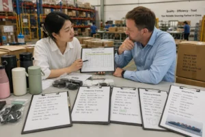 A woman and a man reviewing a supplier comparison sheet on a clipboard at a table. The table is spread with documents, vacuum bottle samples, and product tracking charts. Warehouse shelves and shipping boxes visible in the background.