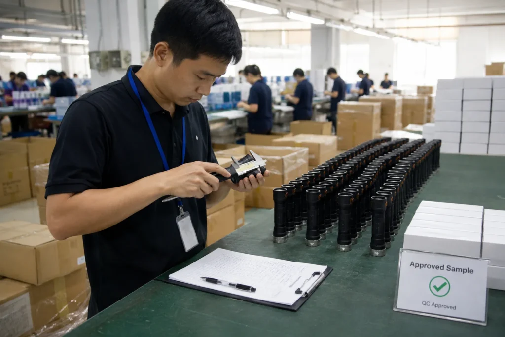 Factory worker using a caliper to inspect product dimensions at a workstation. Rows of identical products, paperwork, and QC sample sign visible.