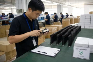 Factory worker using a caliper to inspect product dimensions at a workstation. Rows of identical products, paperwork, and QC sample sign visible.
