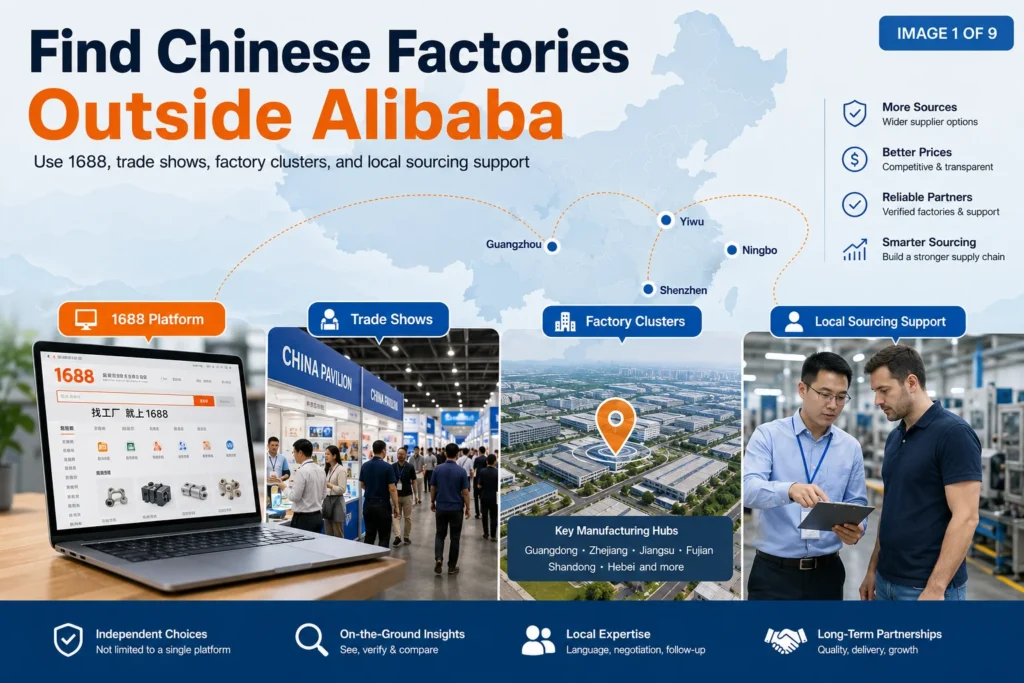 Infographic illustrating ways to find Chinese factories outside Alibaba, featuring the 1688 platform, trade shows, factory clusters, and local sourcing support, alongside benefits like reliable partners and smarter sourcing.
