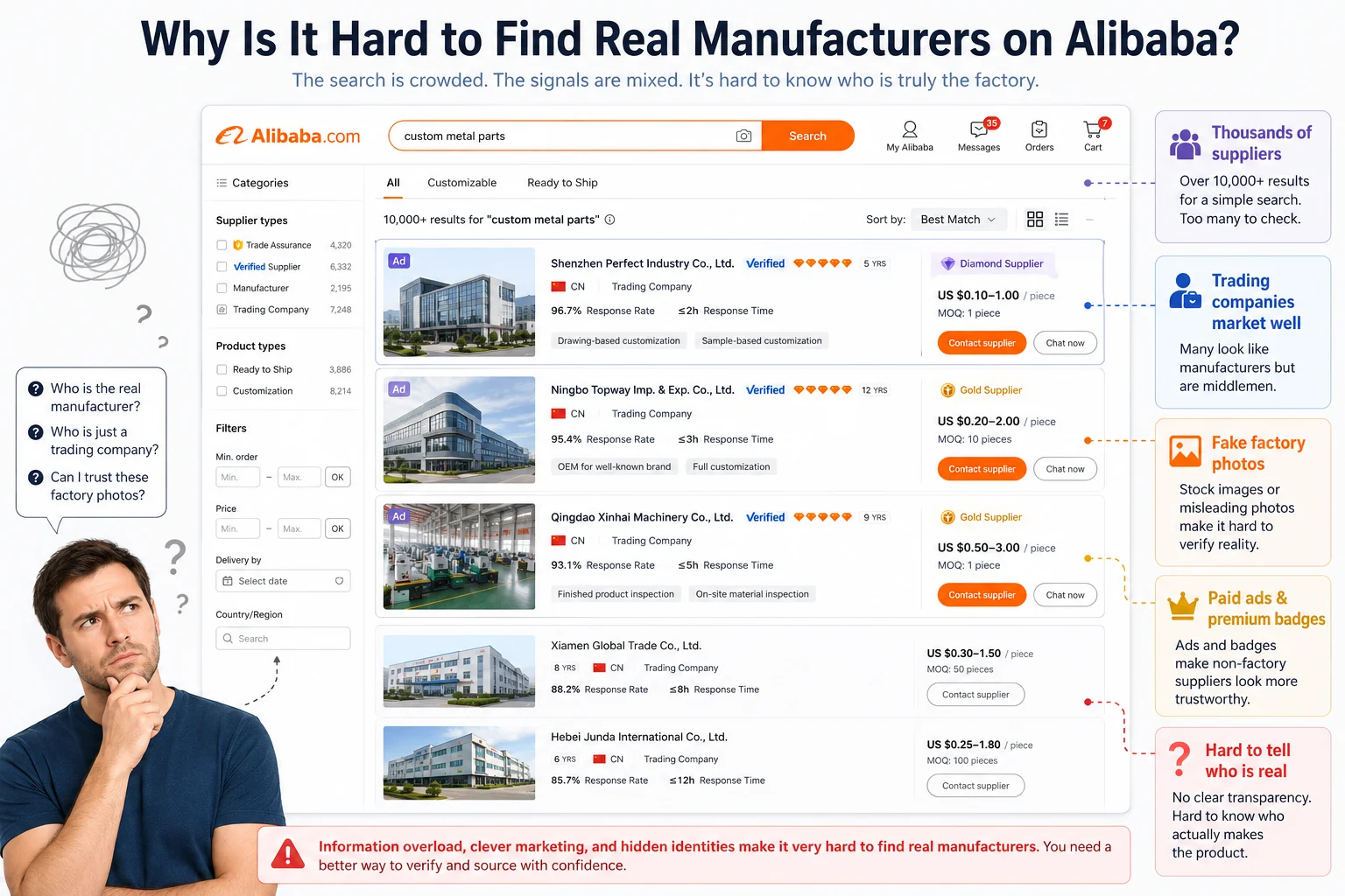 why is it hard to find real manufacturers on alibaba
