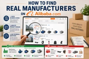 Infographic explaining how to find real manufacturers on Alibaba, featuring tips like checking business licenses, analyzing catalogs, and asking technical questions. Magnifying glass focuses on manufacturer details.