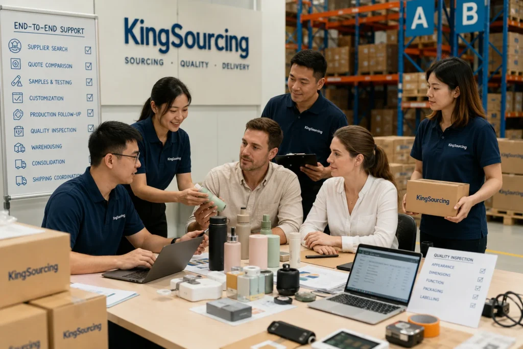 KingSourcing team members discussing product options with clients at a workspace, with boxes, laptops, and product samples visible.