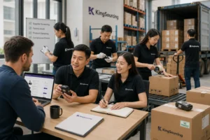 KingSourcing team members managing supply chain tasks, including product inspection, packaging, and client discussions in a professional warehouse setting.