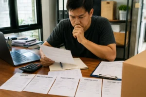 Man seated at a desk reviewing documents with shipping costs, deposit fees, and customs details. A laptop, calculator, and notepad are on the table.