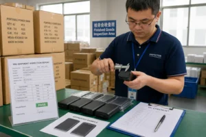 Inspector conducting quality control inspection of portable power banks using a caliper. Pre-shipment inspection report, QC checklist, and approved samples visible on the table.