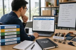 Man in glasses reviewing sourcing agent service fee chart on laptop, surrounded by product samples, binders, and sourcing plan in office.
