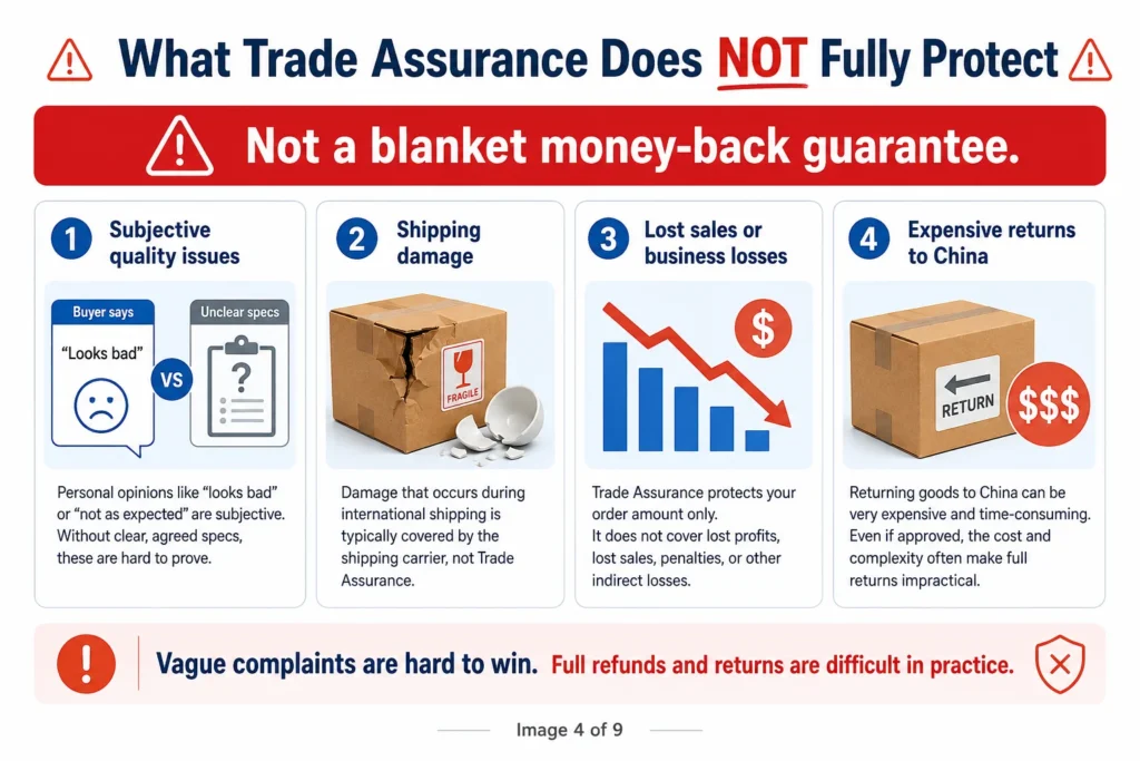 Infographic explaining the limitations of trade assurance, including subjective quality issues, shipping damage, lost sales, and expensive returns.