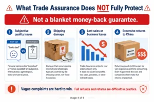 Infographic explaining the limitations of trade assurance, including subjective quality issues, shipping damage, lost sales, and expensive returns.