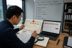 A man verifies a Chinese business license while reviewing company background details, laptop showing enterprise credit system website.