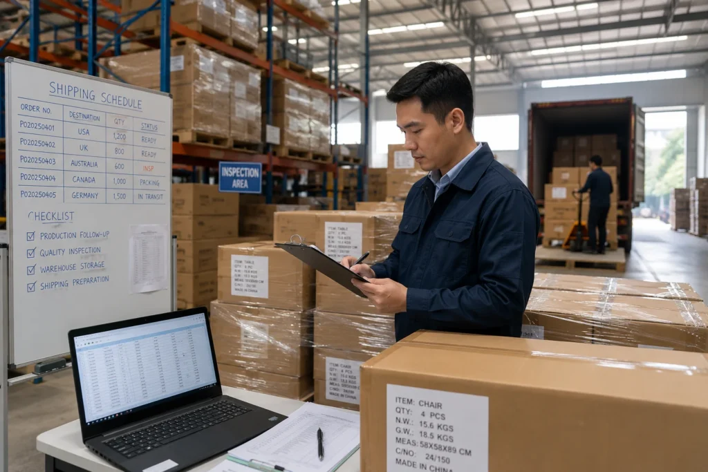 A man conducting warehouse inspection using a clipboard, next to a shipping schedule board and packaged goods, with a laptop displaying data in a distribution center.