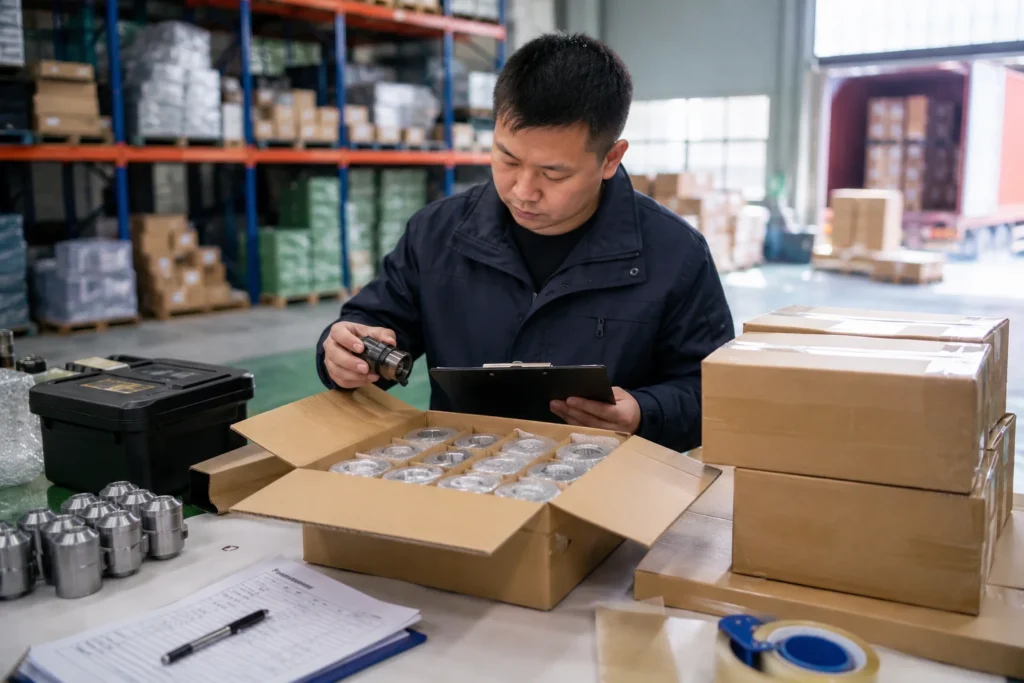 Man conducting quality control inspection in a warehouse, examining a product from a box while holding a clipboard, surrounded by packaging and logistics materials.