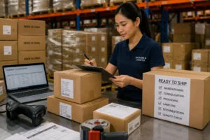 Female logistics worker in a warehouse checking packaging lists on a clipboard, surrounded by labeled boxes and shipping supplies.