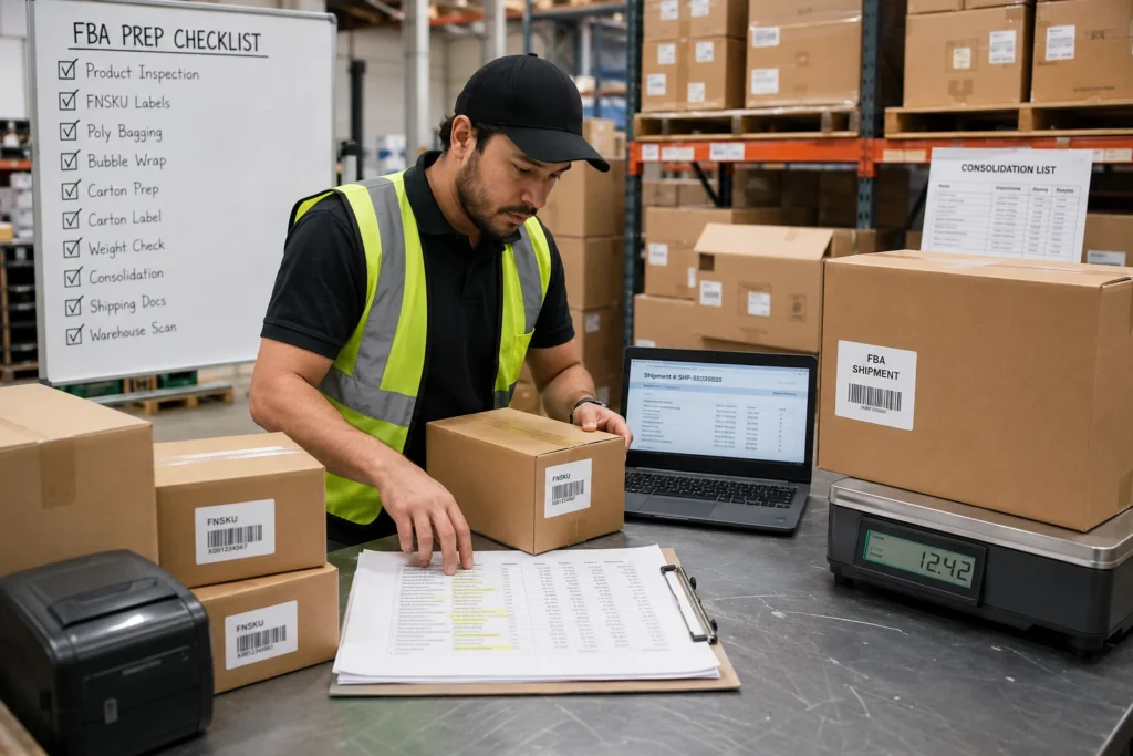 Warehouse worker in safety vest processes FBA shipment by labeling, weighing, and checking items against a prep checklist in a busy fulfillment center.
