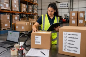 Woman in a safety vest checking boxes in a warehouse. She is holding a clipboard and inspecting a checklist on a box. Nearby are tools like a barcode scanner, packing tape, and a laptop.