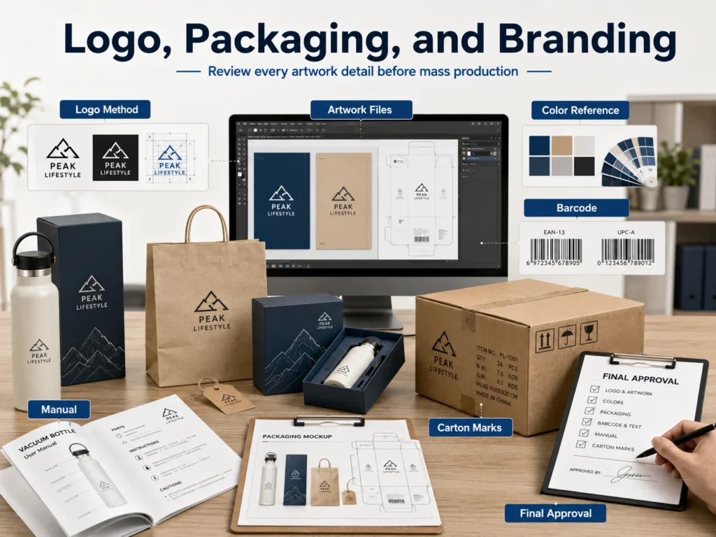 Overview of logo, packaging, and branding review process with elements like logo method, color references, artwork designs, barcode, carton marks, manuals, packaging mockups, and final approval shown on a table and a computer screen.