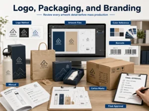 Overview of logo, packaging, and branding review process with elements like logo method, color references, artwork designs, barcode, carton marks, manuals, packaging mockups, and final approval shown on a table and a computer screen.