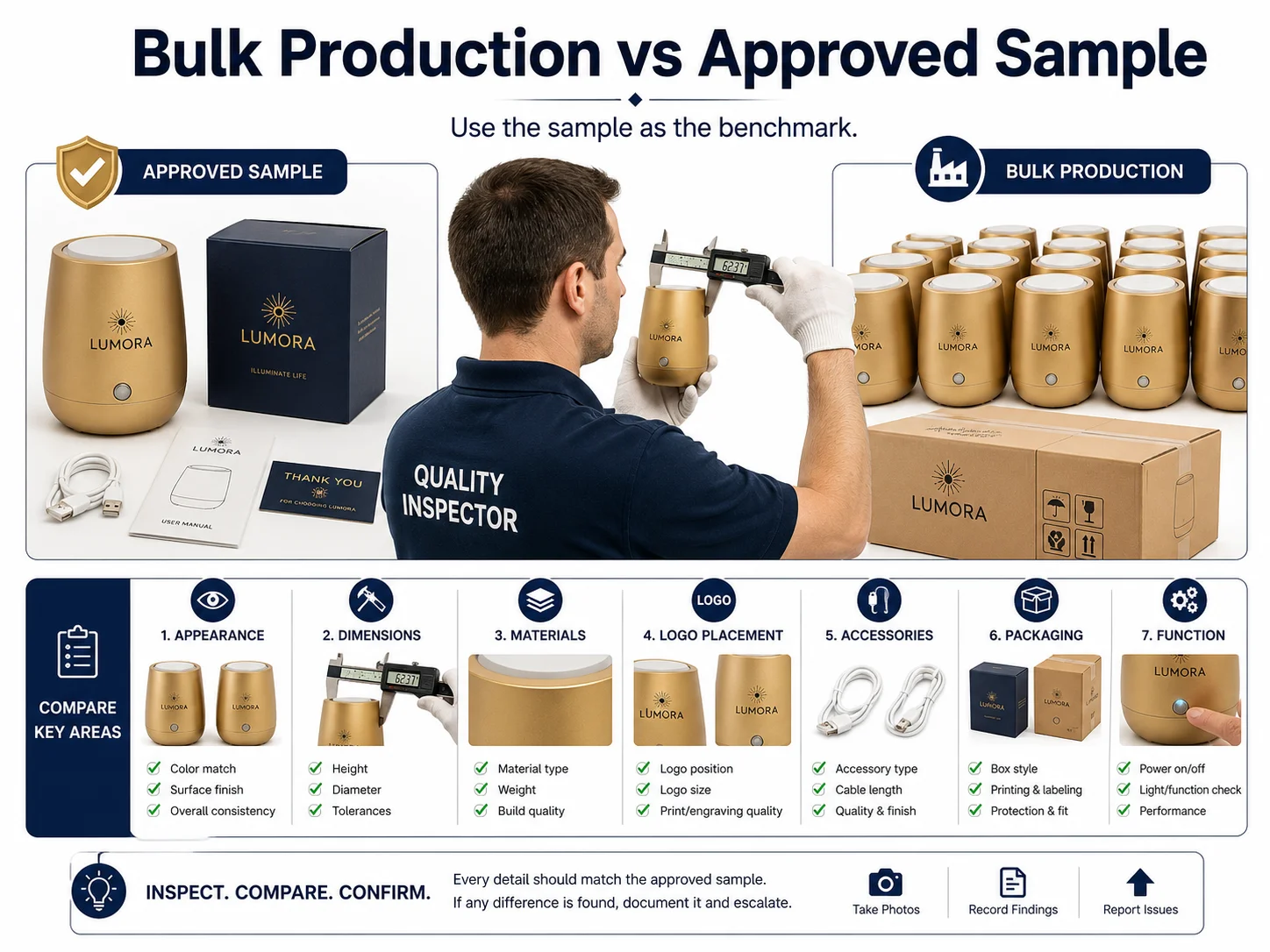 Bulk Production vs Approved Sample China Approved golden sample compared with bulk production during China inspection
