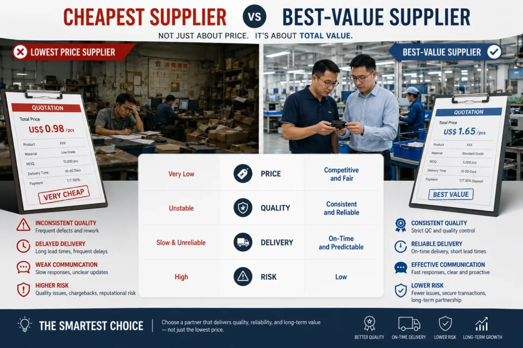 Side-by-side comparison of a cheapest supplier versus a best-value supplier. The cheapest supplier has low pricing but poor quality, slow delivery, weak communication, and high risk in a cluttered, unorganized factory setting. The best-value supplier offers competitive pricing, consistent quality, reliable delivery, and low risk in a modern factory.