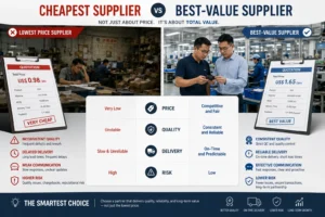 Side-by-side comparison of a cheapest supplier versus a best-value supplier. The cheapest supplier has low pricing but poor quality, slow delivery, weak communication, and high risk in a cluttered, unorganized factory setting. The best-value supplier offers competitive pricing, consistent quality, reliable delivery, and low risk in a modern factory.