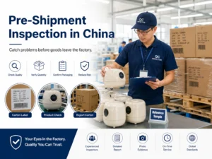 Quality control inspector conducting pre-shipment inspection on factory floor, verifying product quality and packaging near cartons.