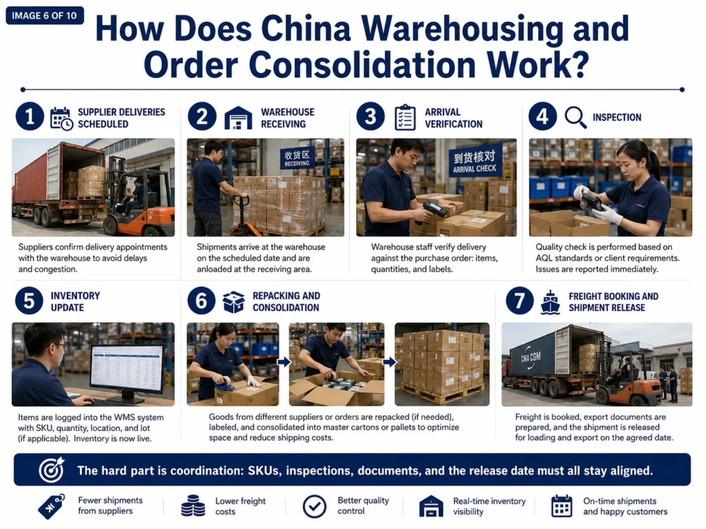 Infographic explaining the step-by-step process of warehousing and order consolidation in China, including supplier deliveries, inventory management, repacking, and shipment release.