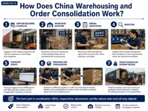 Infographic explaining the step-by-step process of warehousing and order consolidation in China, including supplier deliveries, inventory management, repacking, and shipment release.