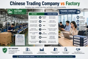 Informative comparison chart showing differences between Chinese trading companies and factories with visuals of assembly workers in a factory and office workers handling trading tasks.