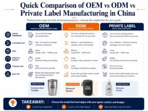 Comparison chart of OEM, ODM, and private label manufacturing explaining design ownership, customization, MOQ, speed to market, tooling cost, and ideal use cases.