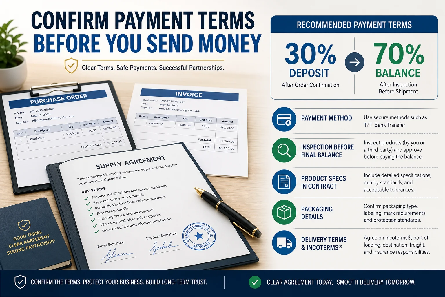Confirming Payment Terms and Contracts A signed contract and a pen on a desk