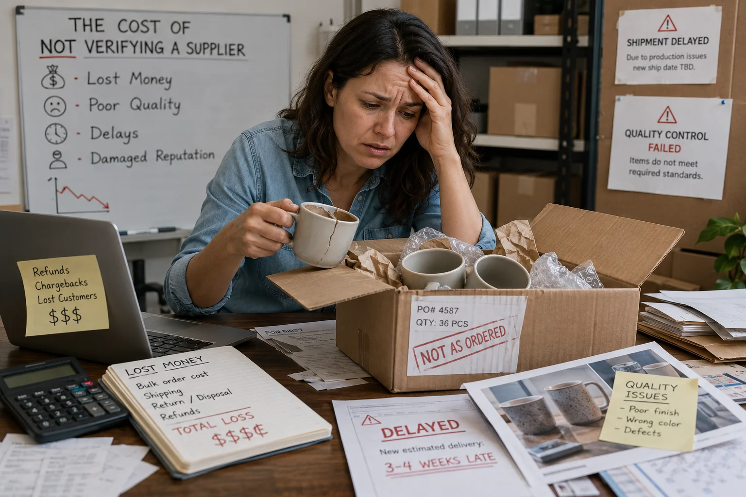 Risks of Not Verifying Suppliers An image showing a sad business owner looking at broken products.