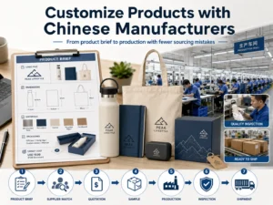 A visual guide showing product customization with Chinese manufacturers, featuring a product brief, custom packaging, factory production process, and quality inspection steps.