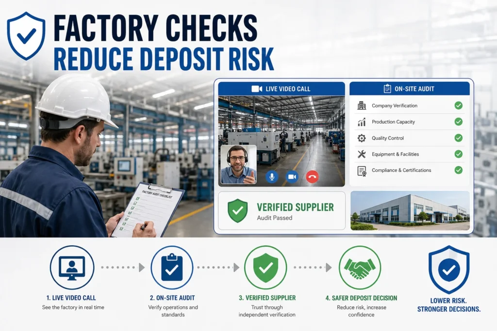 A factory worker holding a checklist conducts an audit inside a manufacturing facility. Infographic highlights steps like live video calls, on-site audits, and verified supplier status to reduce deposit risks and ensure quality.