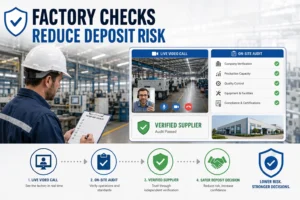 A factory worker holding a checklist conducts an audit inside a manufacturing facility. Infographic highlights steps like live video calls, on-site audits, and verified supplier status to reduce deposit risks and ensure quality.