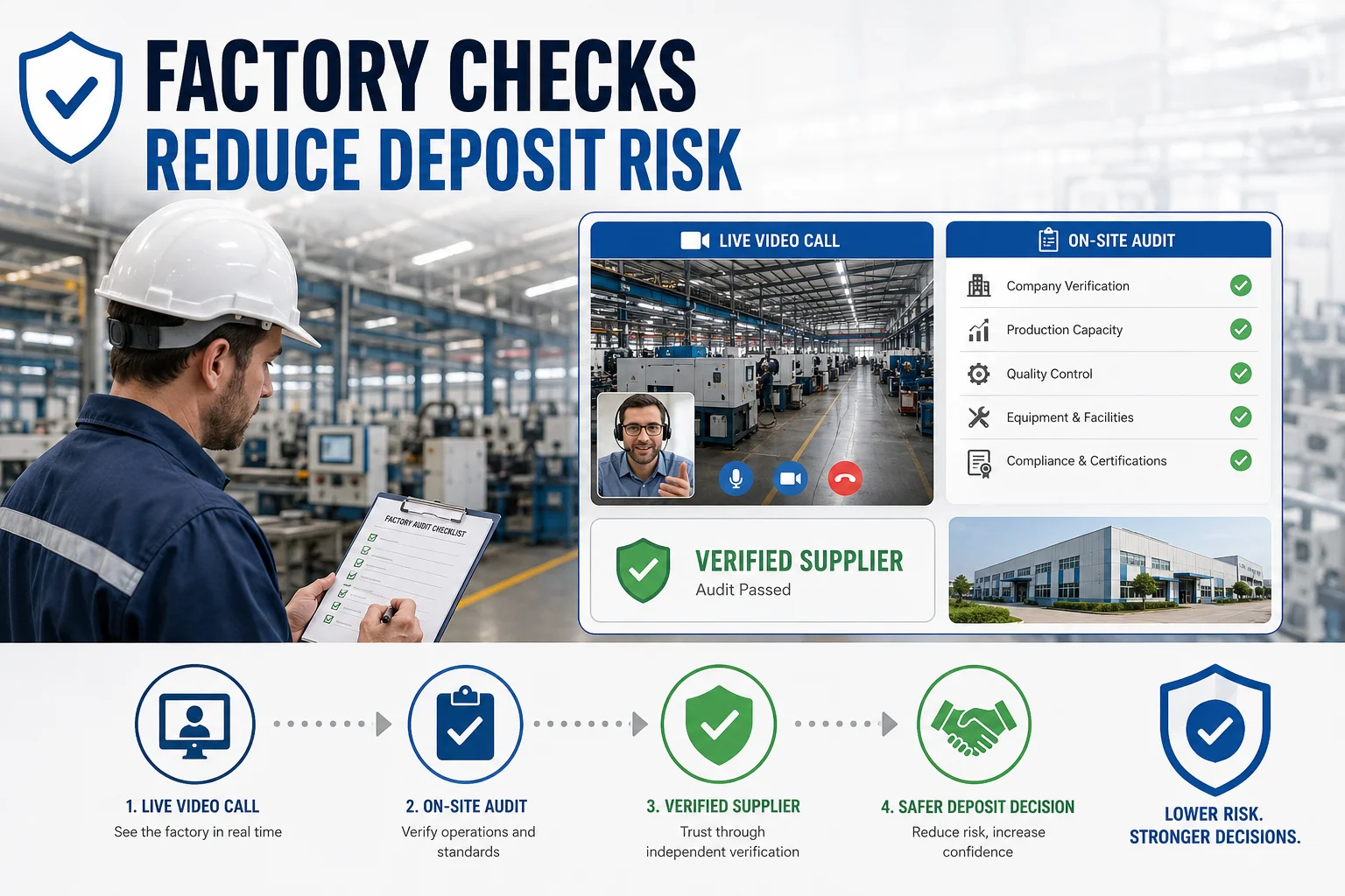Third-Party Factory Inspection An inspector in a hard hat examining machinery inside a factory