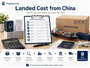 Landed cost checklist on a clipboard with packaging boxes, a shipping container model, calculator, and logistics visuals illustrating end-to-end China sourcing costs.