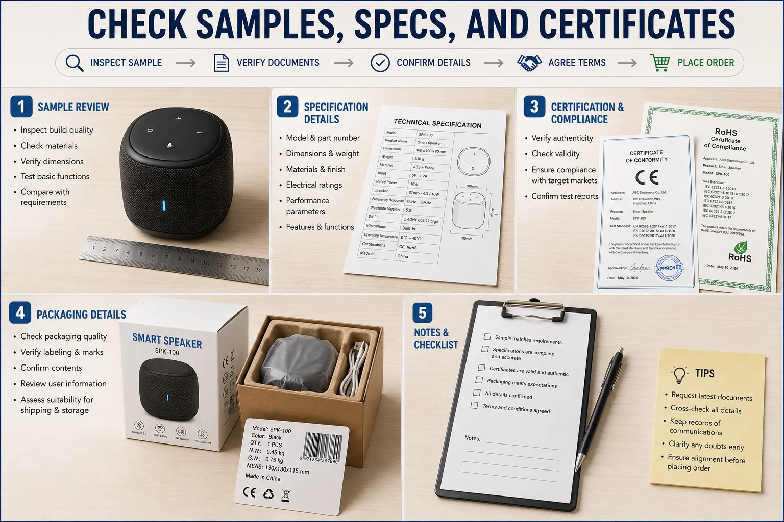 Reviewing Supplier Documents and Samples A table with a product sample, a certificate, and a technical specification sheet