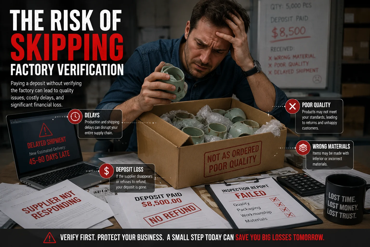 Risks of Not Verifying a Factory A person looking stressed while looking at a computer screen showing a failed transaction