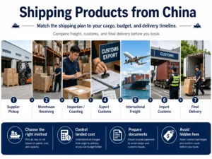 Infographic showing the step-by-step process of shipping products from China, including supplier pickup, customs, and delivery.