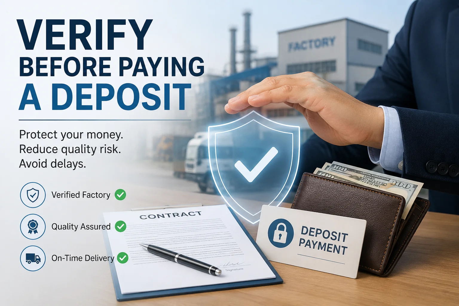 Protecting Your Deposit A hand holding a shield protecting a wallet from digital threats