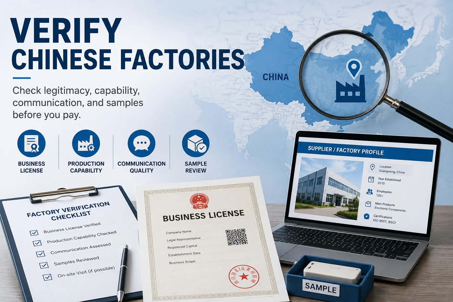 Verifying Chinese Factories A magnifying glass over a map of China, focusing on a factory icon