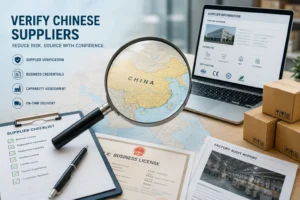 Magnifying glass over a map of China alongside a supplier checklist, business license, factory audit report, and a laptop displaying supplier information.