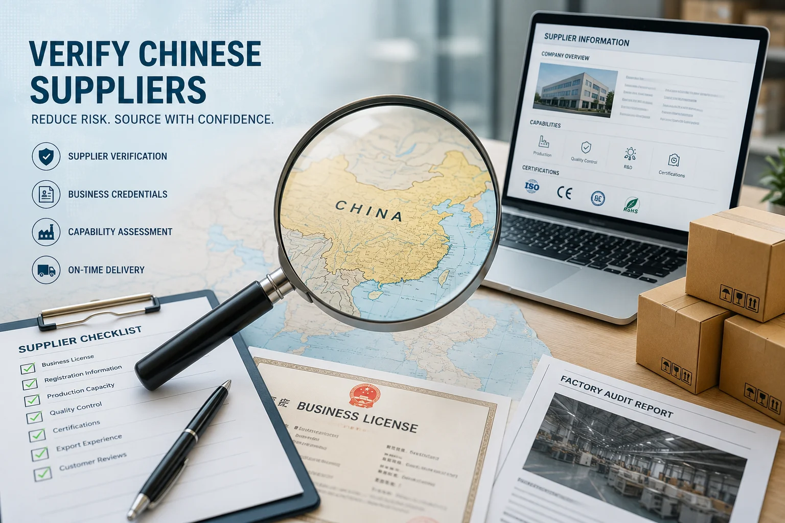 Checking Chinese Suppliers A magnifying glass hovering over a map of China, indicating a supplier search.