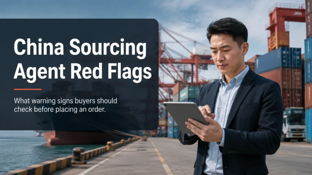 Business professional using a tablet at a shipping port with cargo containers and cranes in the background, alongside text discussing red flags in China sourcing agents.