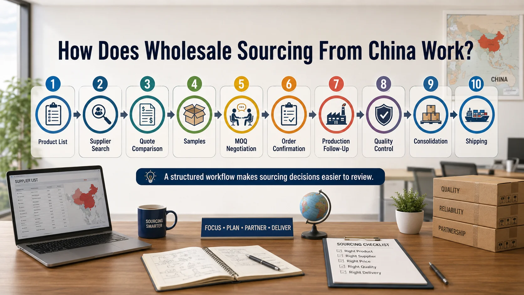 Wholesale sourcing China workflow from product list to consolidated shipping